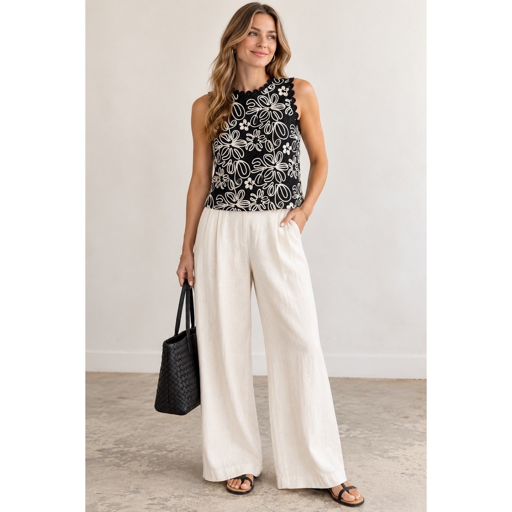 Solitaire Womens Black White Floral Embroidered Crochet Sleeveless Top Large
